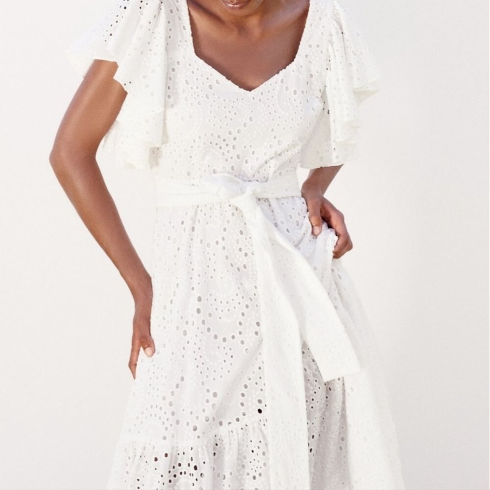 Zara White Wrap Midi Dress with Flutter Sleeves